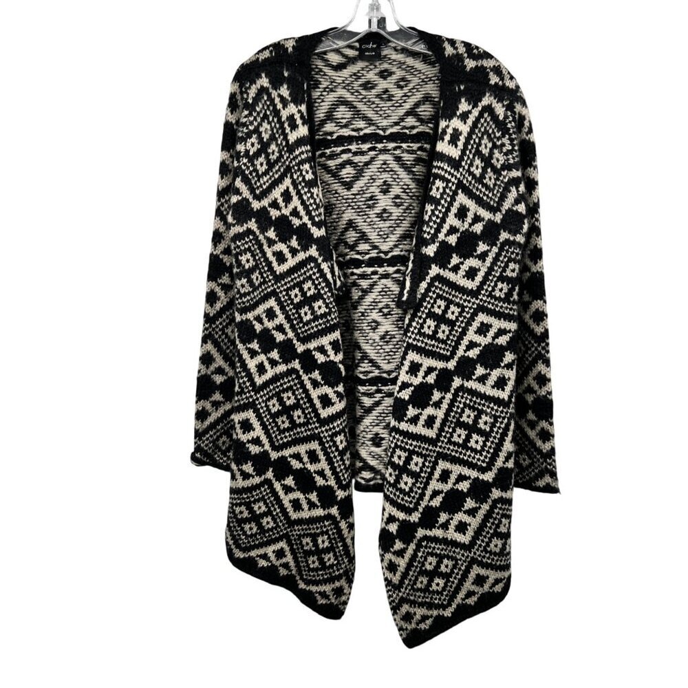 Cliche Couture Womens Heavy Knit Cardigan Open Front Black/Cream Wool Large
